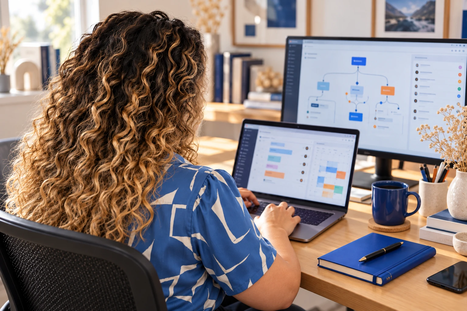 Designer working through a digital workflow on two screens