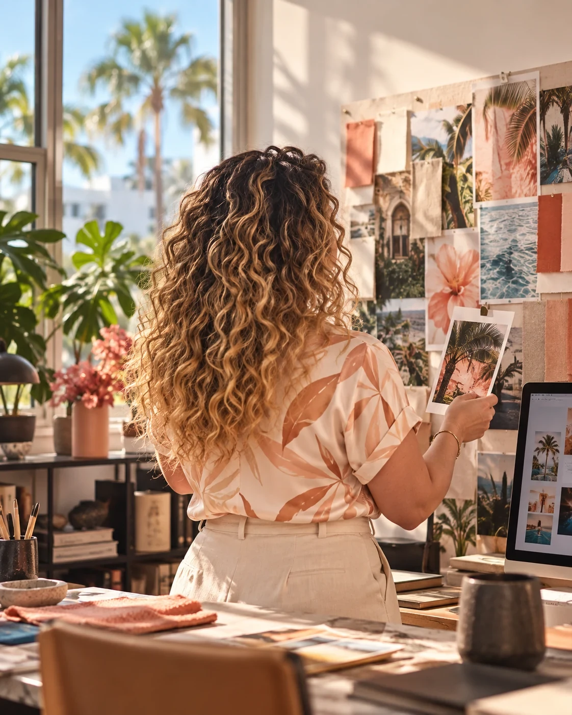 Designer reviewing a visual mood board in a sunlit studio