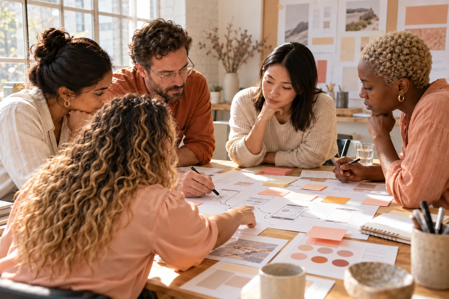 Creative team reviewing site flows and visual ideas at a table