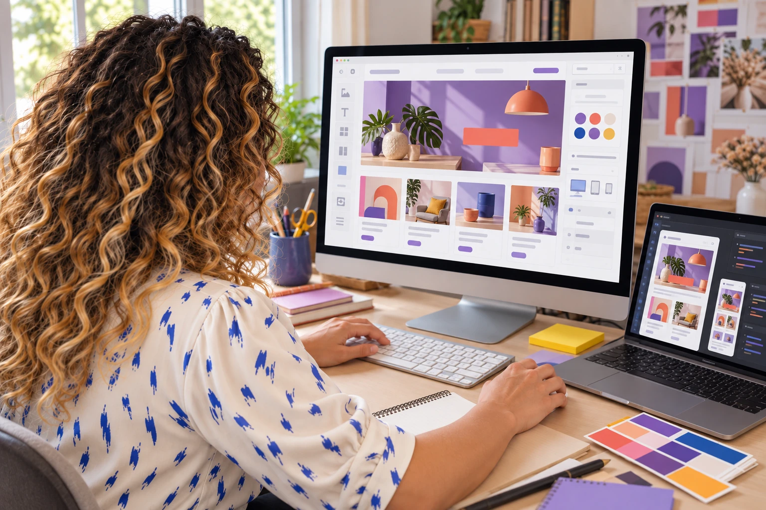 Designer building a colorful website across desktop and laptop screens